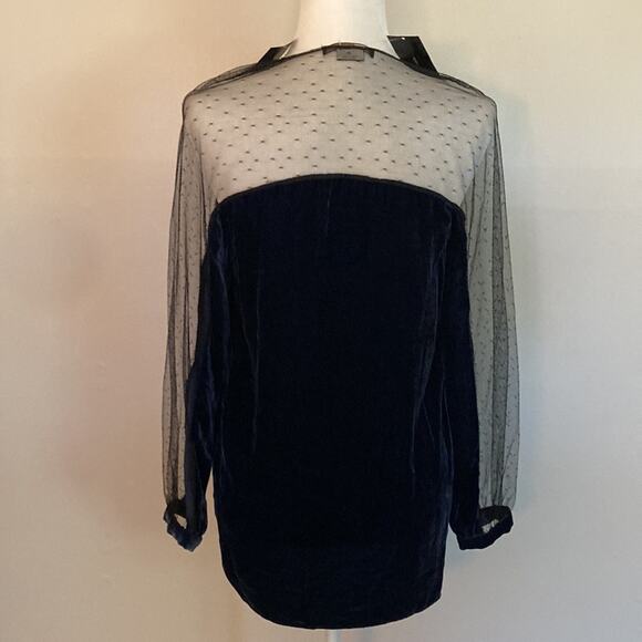 NWT BCBGMaxAzria Navy Velvet & Black Lace Sleeve Top Sz Small - Picture 7 of 11